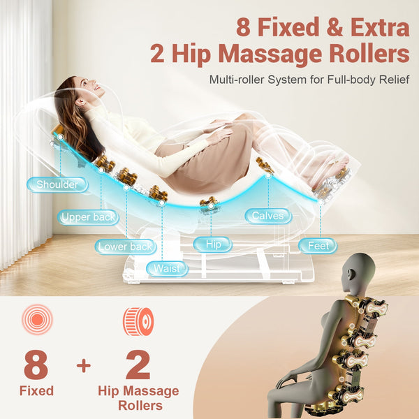 Zero Gravity Full Body Massage Chair with 10 Fixed Rollers, Soothing Heat Function, Deep-Kneading Foot Massager, Bluetooth Speakers, Gray